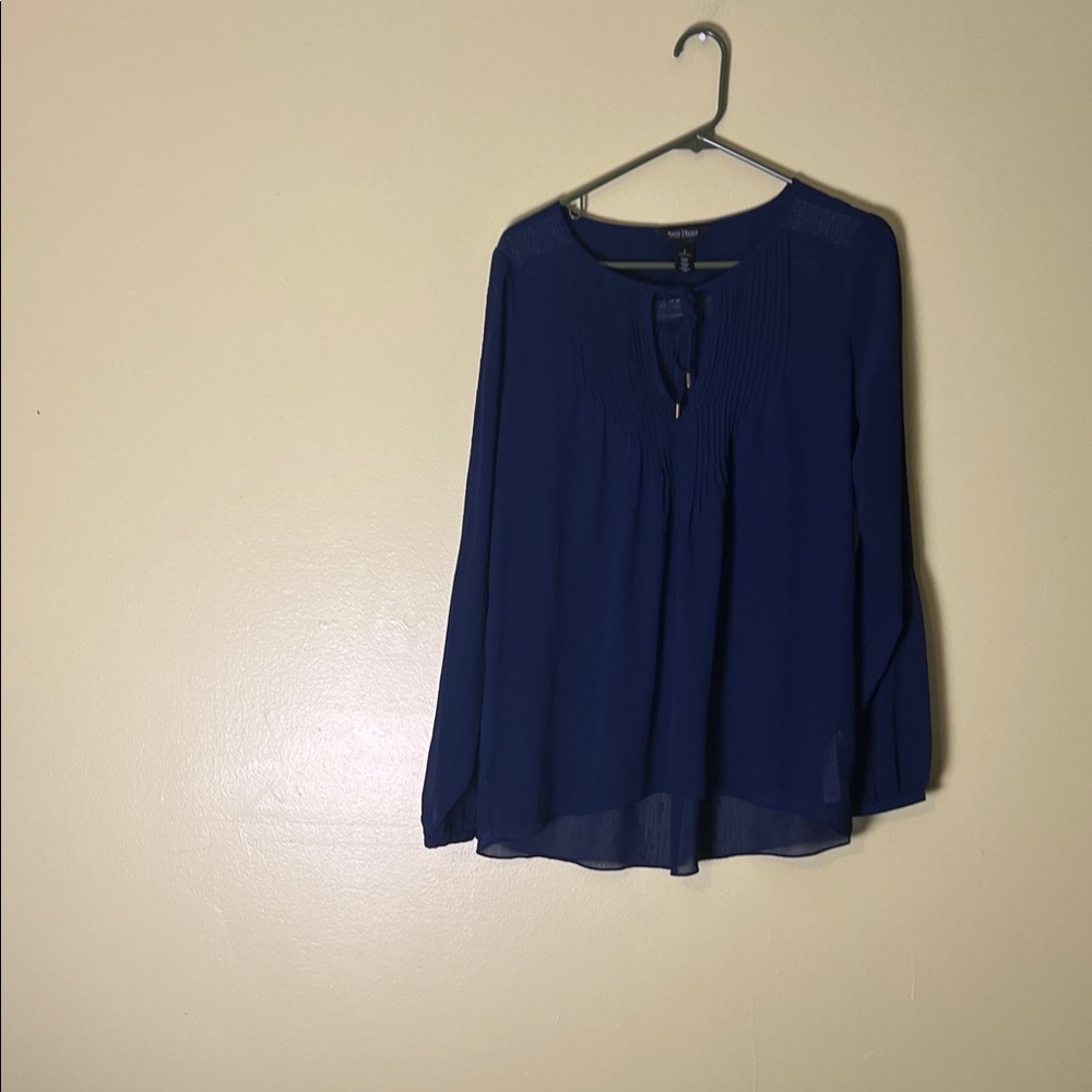 White House black market Women's Navy Pintuck Tie-Neck Blouse